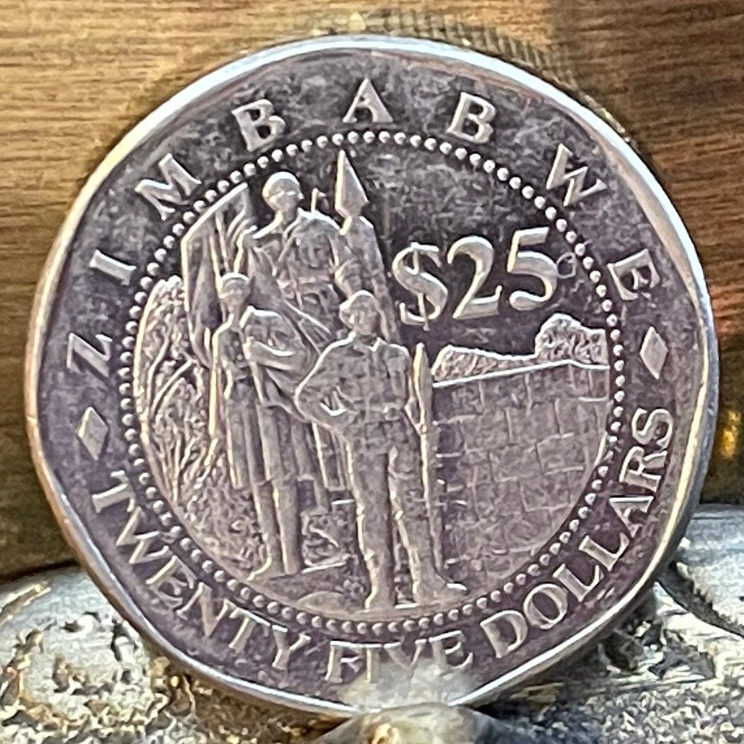 Statue of the Unknown Soldier & Great Zimbabwe Bird 25 Dollars Zimbabwe Authentic Coin Money for Jewelry (Heroes Acre) (Harare) (Shona)