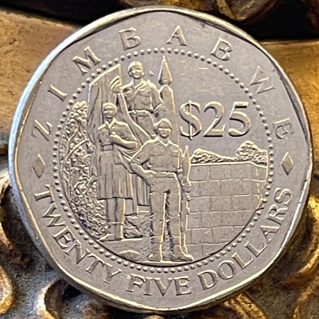 Statue of the Unknown Soldier & Great Zimbabwe Bird 25 Dollars Zimbabwe Authentic Coin Money for Jewelry (Heroes Acre) (Harare) (Shona)
