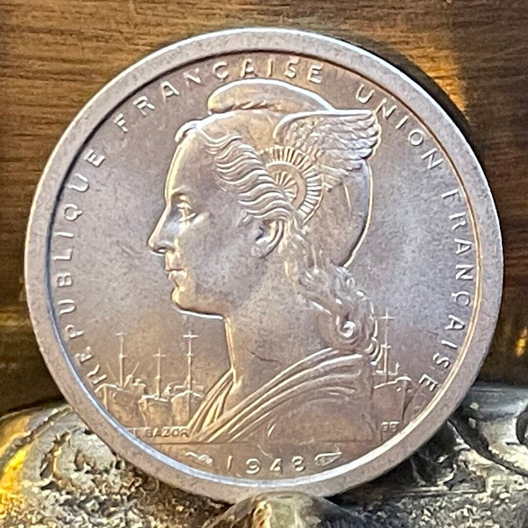 Three Zebu & Marianne in Winged Phrygian Cap 2 Francs Madagascar Authentic Coin Money for Jewelry and Craft Making (Omby) 1948