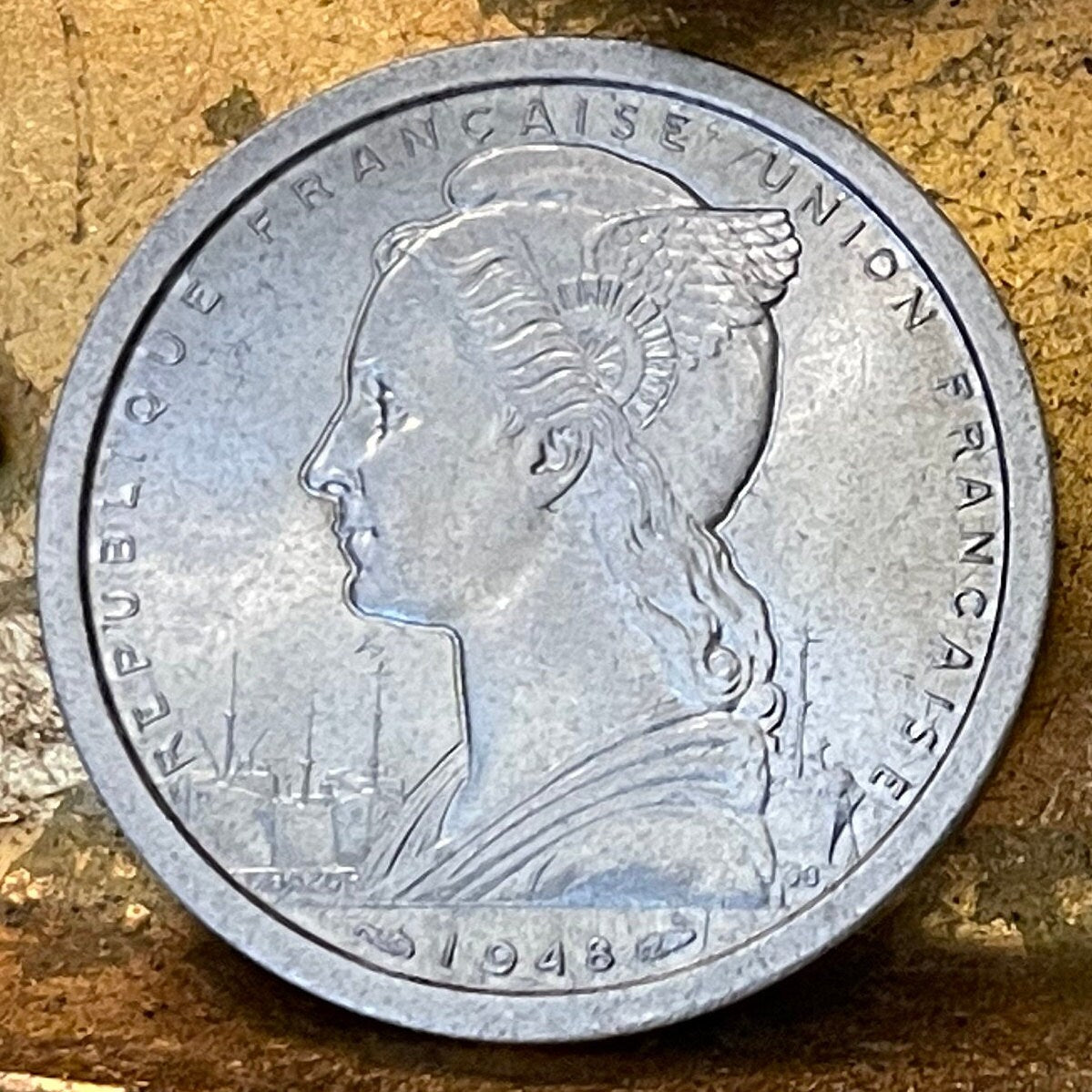 Three Zebu & Marianne in Winged Phrygian Cap 2 Francs Madagascar Authentic Coin Money for Jewelry and Craft Making (Omby) 1948