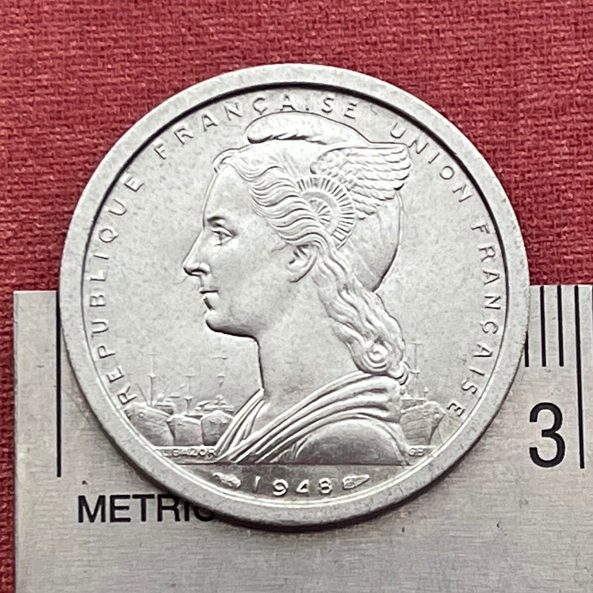 Three Zebu & Marianne in Winged Phrygian Cap 2 Francs Madagascar Authentic Coin Money for Jewelry and Craft Making (Omby) 1948