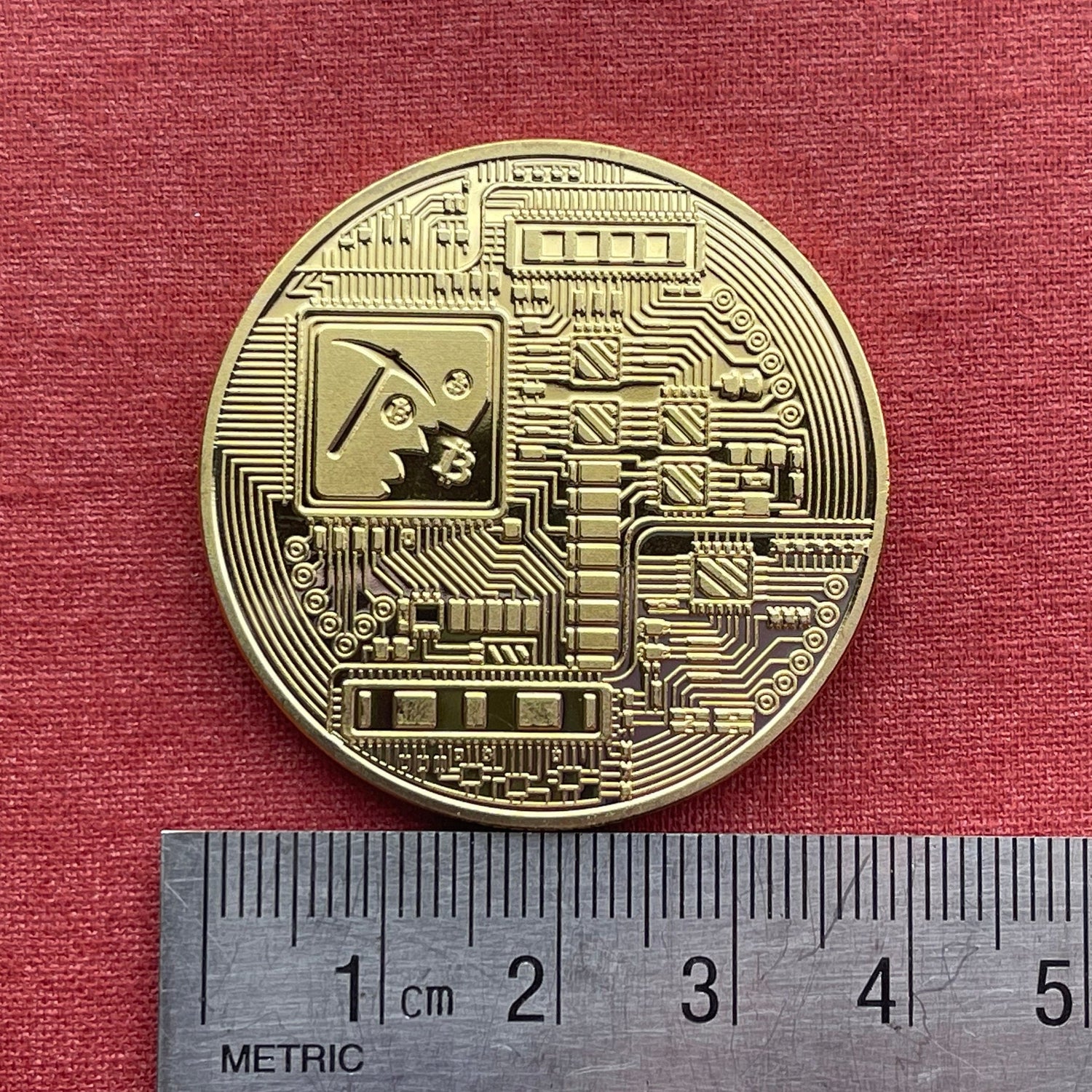 Bitcoin Logo Charm with Miner's Axe & Circuitboard 24-Karat Gold-plated Novelty Medallion (No Monetary Value) (Cryptocurrency) (BTC Mining)