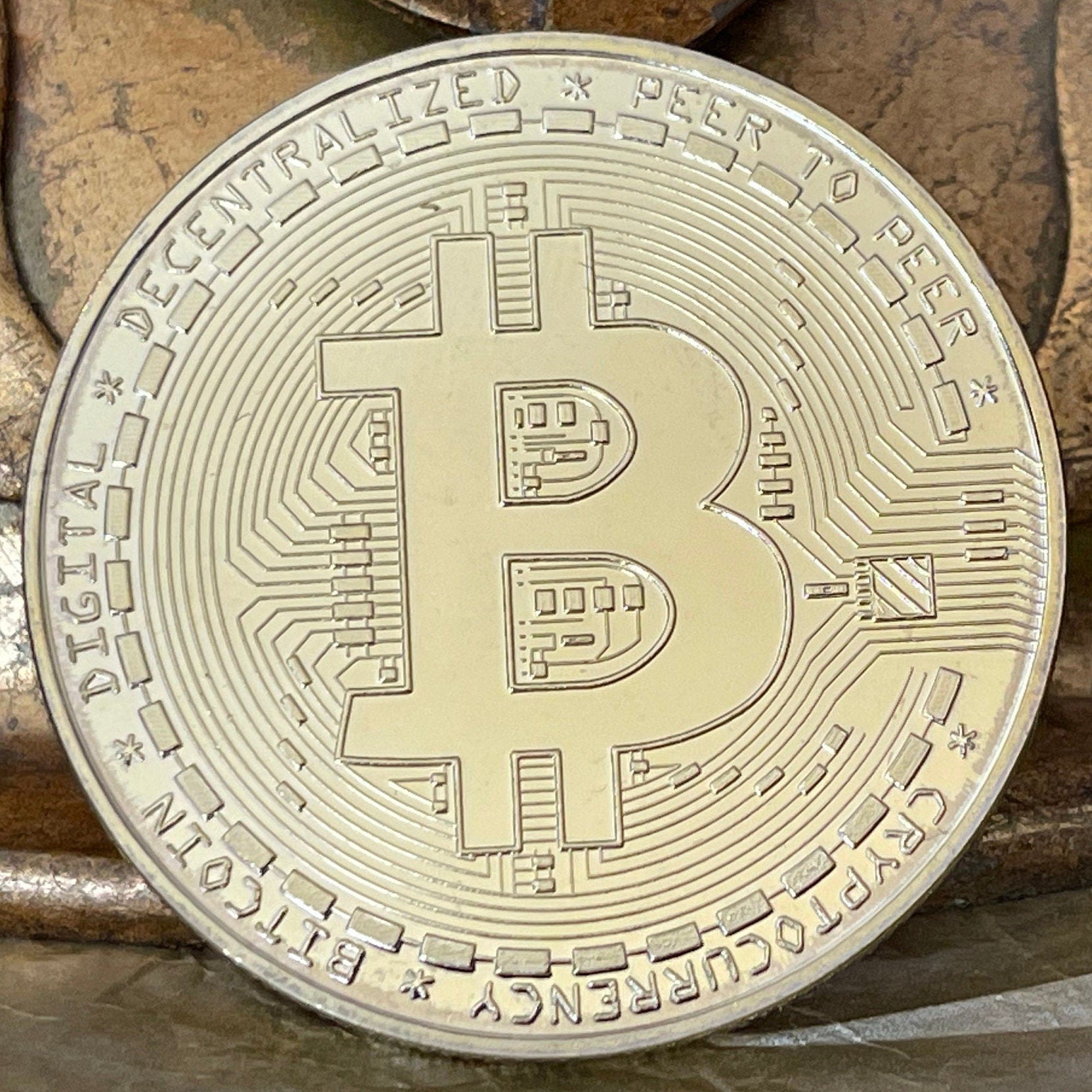 Bitcoin Logo Charm with Miner's Axe & Circuitboard 24-Karat Gold-plated Novelty Medallion (No Monetary Value) (Cryptocurrency) (BTC Mining)