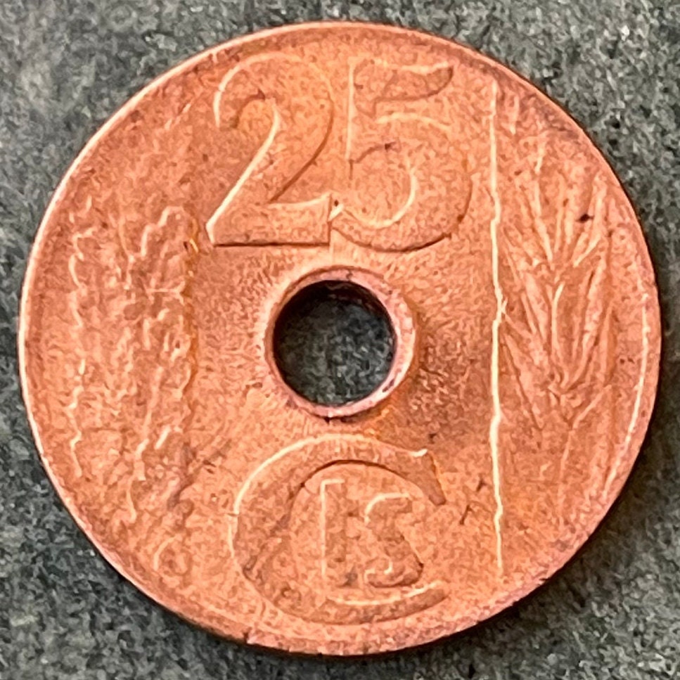 Book Breaks Chains of Ignorance 25 Centimos Second Spanish Republic 1938 Authentic Coin Money for Jewelry (Public Education) (Hole in Coin)