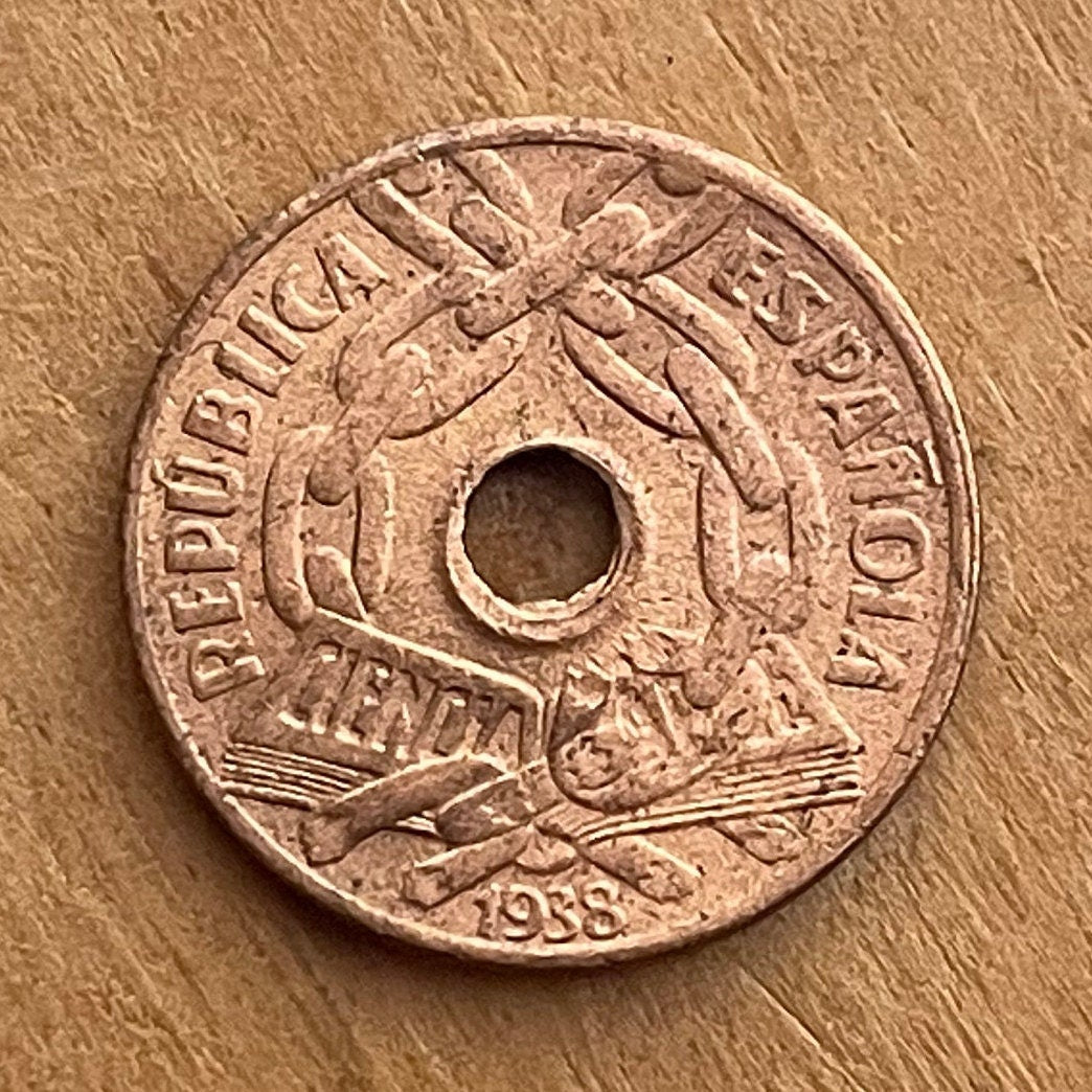 Book Breaks Chains of Ignorance 25 Centimos Second Spanish Republic 1938 Authentic Coin Money for Jewelry (Public Education) (Hole in Coin)