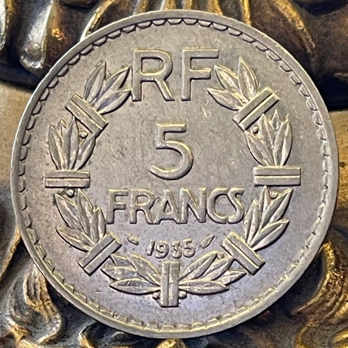 Marianne Laureate 5 Francs France Authentic Coin Money for Jewelry and Craft Making (Third Republic) (Victory Wreath)