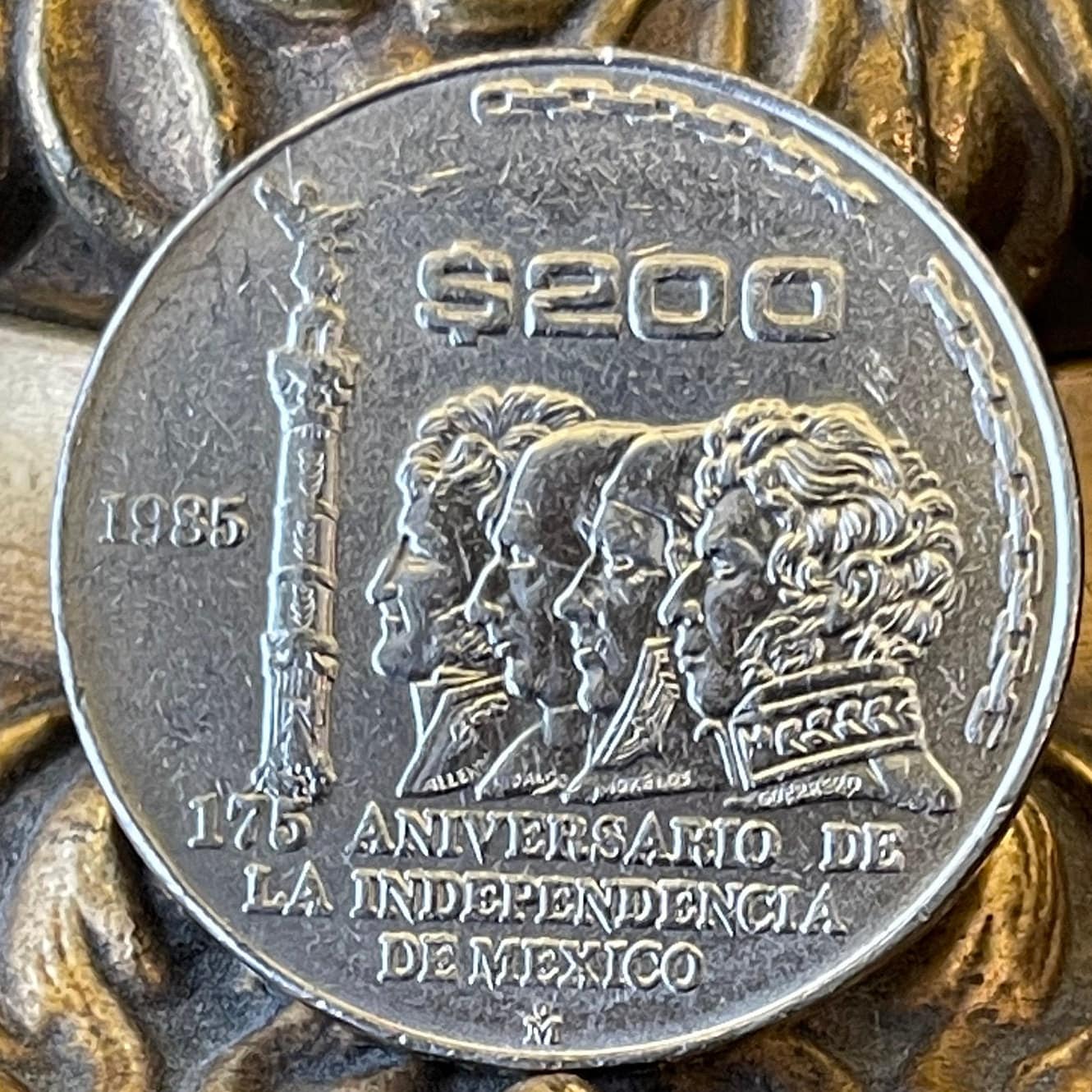 Angel and Heroes of Independence 200 Pesos Mexico Authentic Coin Money for Jewelry (Mexican Revolution) (1985) (Independence Monument)