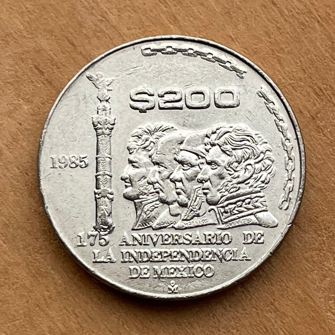 Angel and Heroes of Independence 200 Pesos Mexico Authentic Coin Money for Jewelry (Mexican Revolution) (1985) (Independence Monument)