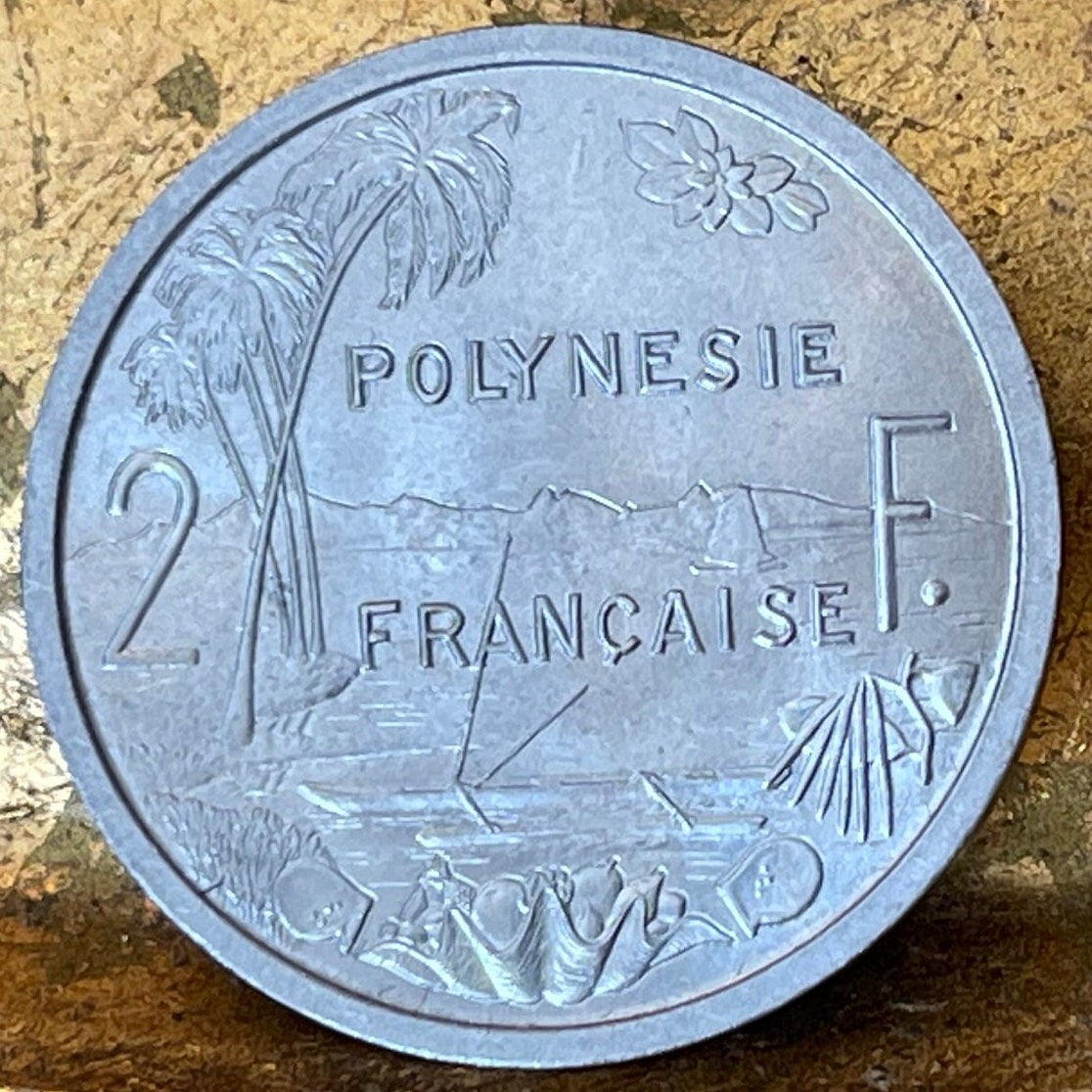 Tahiti Beach 2 Francs, Outrigger Canoe, Sailboat & Liberty on Throne French Polynesia Authentic Coin (South Pacific Island) 1965 (Marquesas)