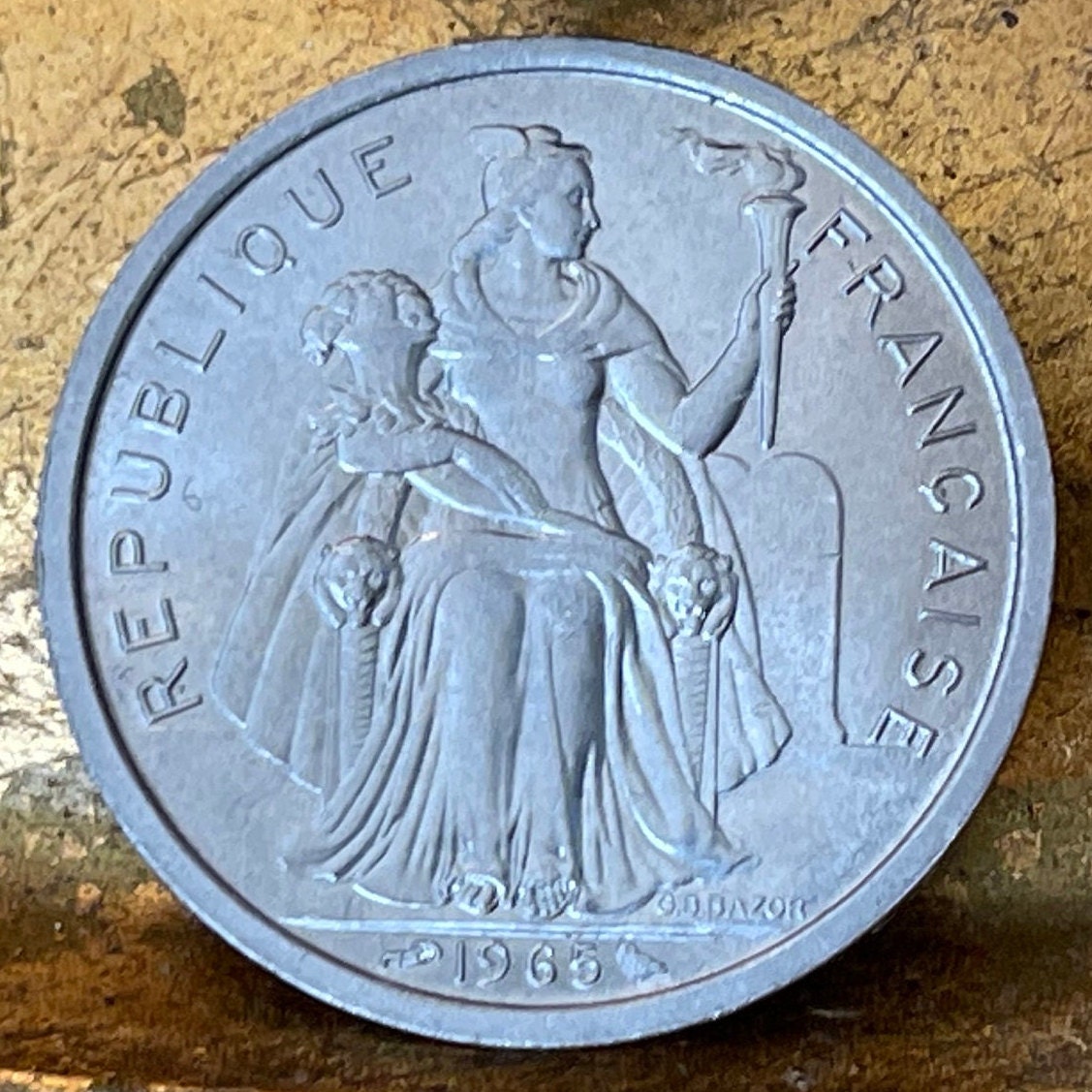 Liberty on Throne 2 Francs & Tahiti Beach, Outrigger Canoe, Sailboat French Polynesia Authentic Coin (South Pacific Island) 1965 (Marquesas)