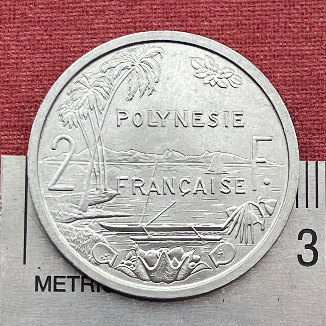 Tahiti Beach 2 Francs, Outrigger Canoe, Sailboat & Liberty on Throne French Polynesia Authentic Coin (South Pacific Island) 1965 (Marquesas)