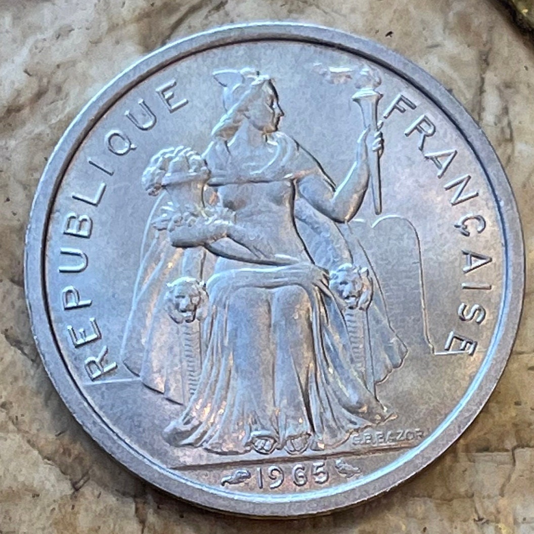 Liberty on Throne 2 Francs & Tahiti Beach, Outrigger Canoe, Sailboat French Polynesia Authentic Coin (South Pacific Island) 1965 (Marquesas)