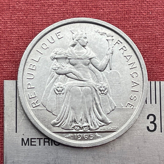 Liberty on Throne 2 Francs & Tahiti Beach, Outrigger Canoe, Sailboat French Polynesia Authentic Coin (South Pacific Island) 1965 (Marquesas)