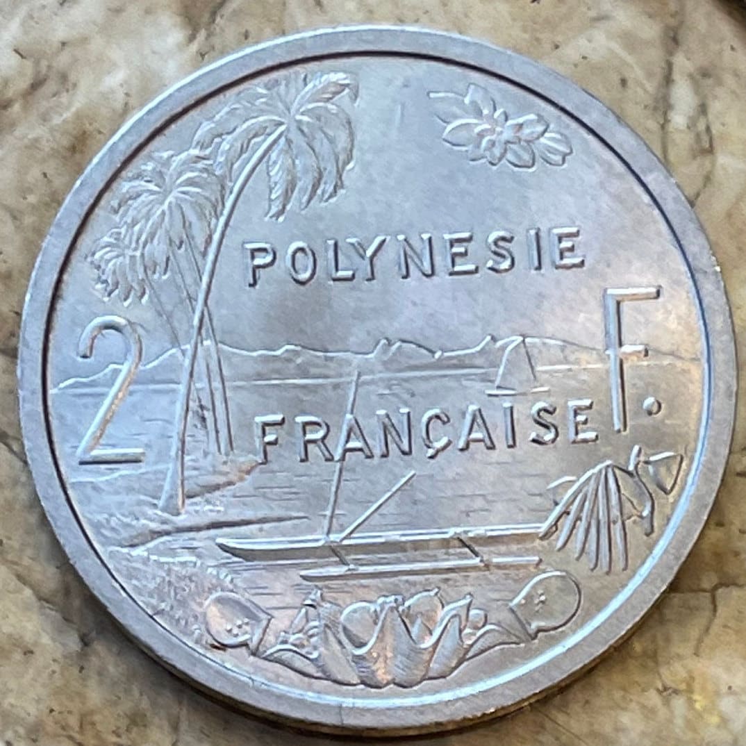 Tahiti Beach 2 Francs, Outrigger Canoe, Sailboat & Liberty on Throne French Polynesia Authentic Coin (South Pacific Island) 1965 (Marquesas)