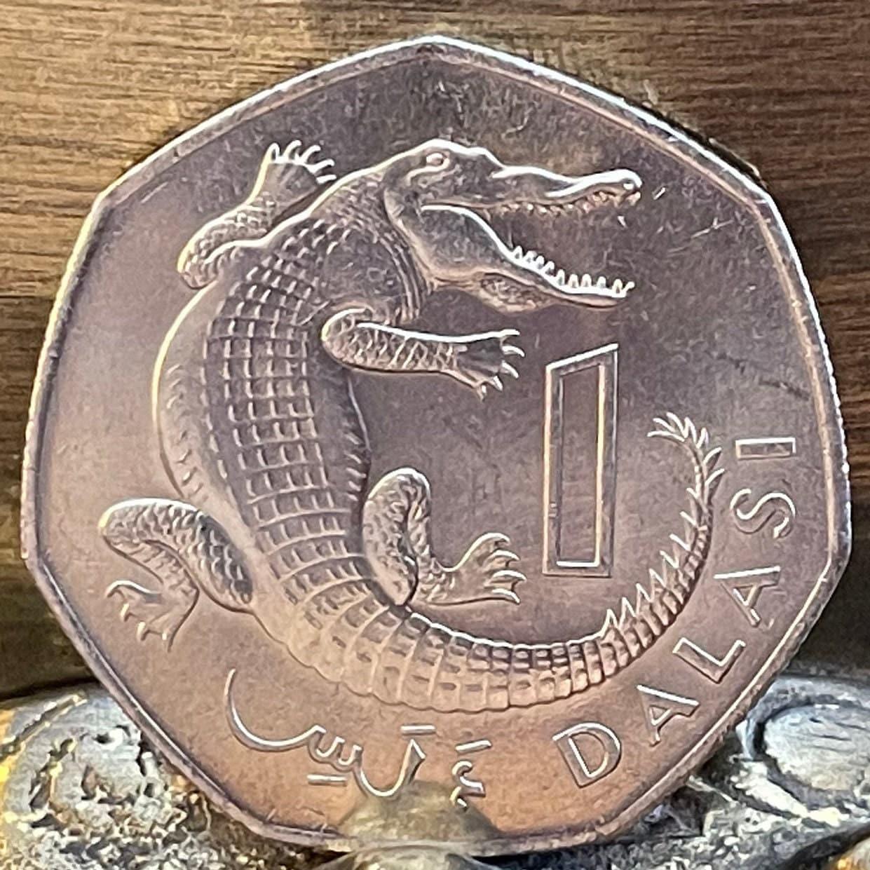 West African Slender-Snouted Crocodile & President Dawda Kairaba Jawara 1 Dalasi Gambia Authentic Coin Money for Jewelry (Heptagonal) 1987