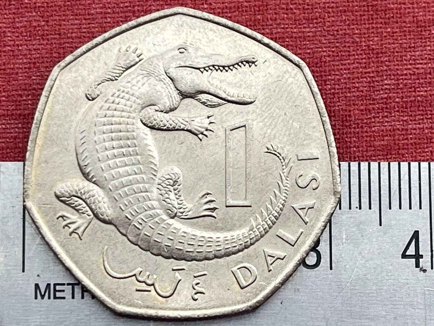 West African Slender-Snouted Crocodile & President Dawda Kairaba Jawara 1 Dalasi Gambia Authentic Coin Money for Jewelry (Heptagonal) 1987