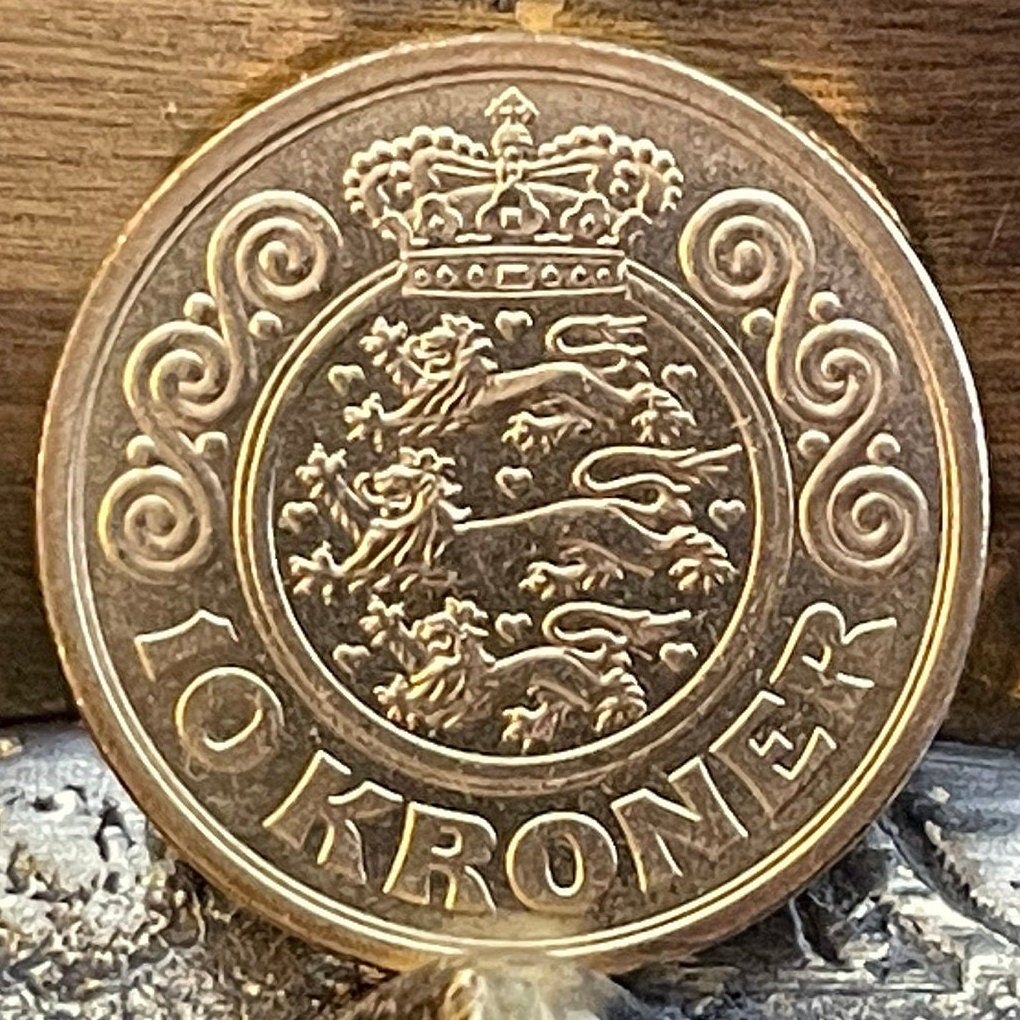 Queen Margrethe II 10 Kroner Denmark Authentic Coin Money for Jewelry and Craft Making (Three Lions)