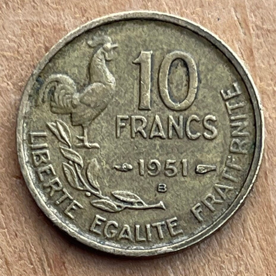 Gallic Rooster 10 Francs Chantecler & Marianne France Authentic Coin Money for Jewelry and Craft Making (Le Coq Francais) (Fourth Republic)