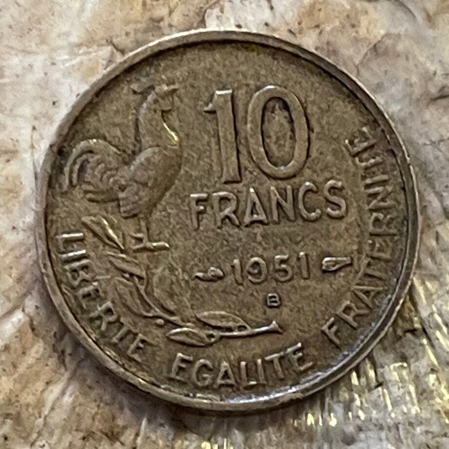 Gallic Rooster 10 Francs Chantecler & Marianne France Authentic Coin Money for Jewelry and Craft Making (Le Coq Francais) (Fourth Republic)