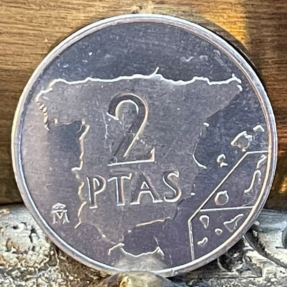 Spain Map & King Juan Carlos 2 Pesetas Authentic Coin Money for Jewelry and Craft Making (Balearic Islands) (Canary Islands)