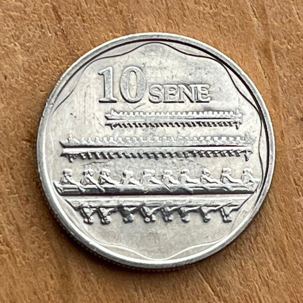 Fautasi Canoe Racers with Mirror Reflections on Water & Tui Ātua Tupua Tamasese Tupuola Tufuga Efi 10 Sene Samoa Authentic Coin for Jewelry