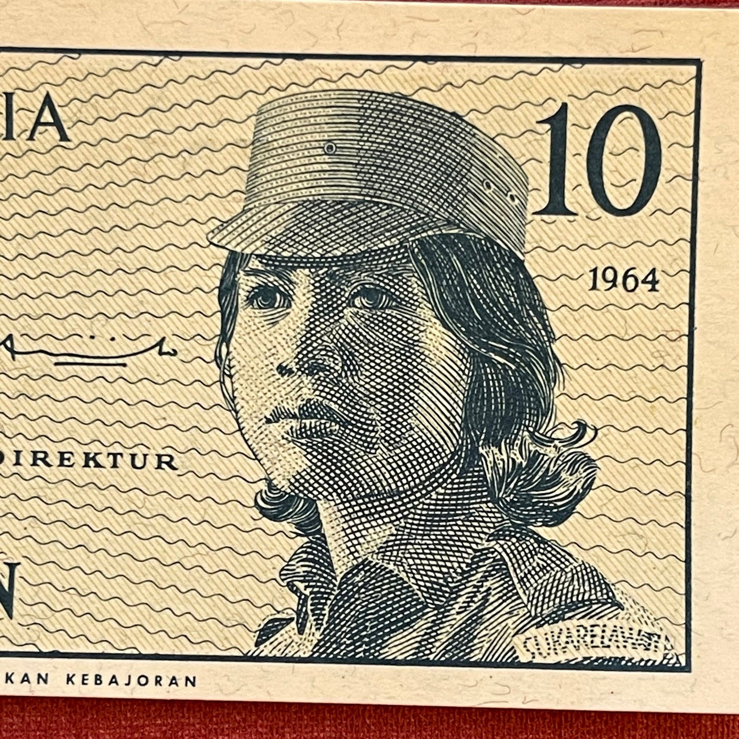 Year of Living Dangerously Gerwani Militia Woman in Mao Cap 10 Sen Indonesia Authentic Banknote (Sukarno) 1964 (Vivere Pericoloso) Feminist