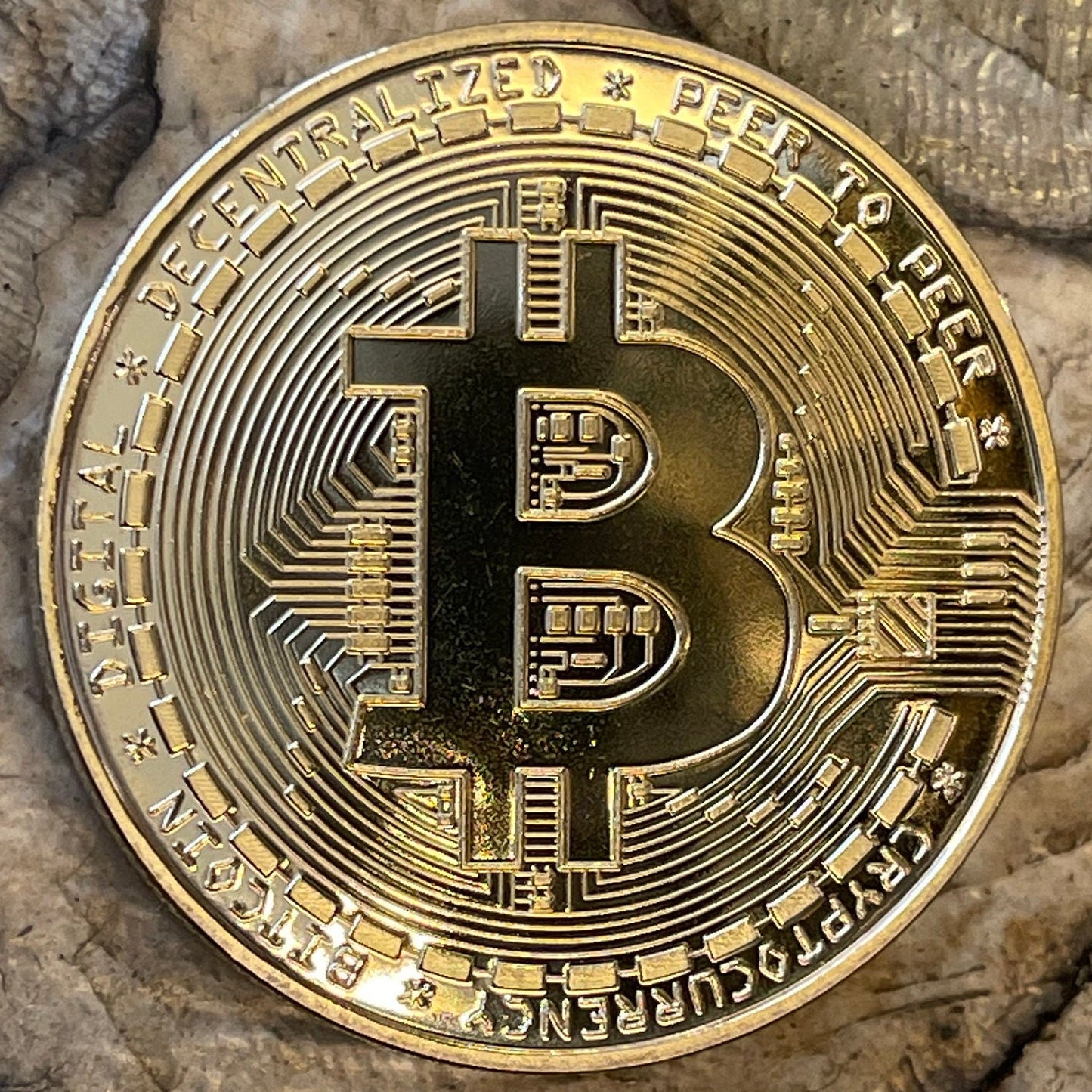 Bitcoin Logo Charm with Miner's Axe & Circuitboard 24-Karat Gold-plated Novelty Medallion (No Monetary Value) (Cryptocurrency) (BTC Mining)