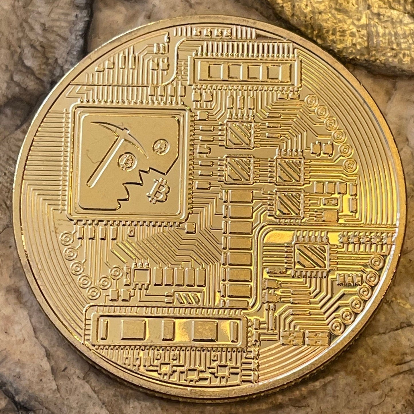 Bitcoin Logo Charm with Miner's Axe & Circuitboard 24-Karat Gold-plated Novelty Medallion (No Monetary Value) (Cryptocurrency) (BTC Mining)