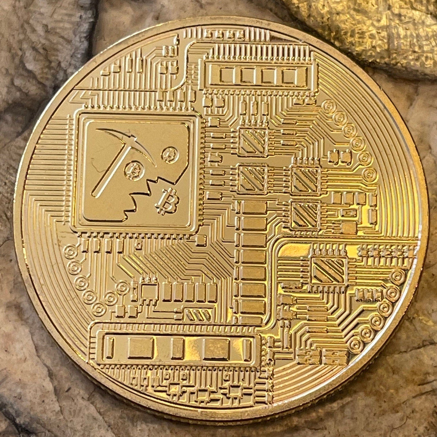 Bitcoin Logo Charm with Miner's Axe & Circuitboard 24-Karat Gold-plated Novelty Medallion (No Monetary Value) (Cryptocurrency) (BTC Mining)