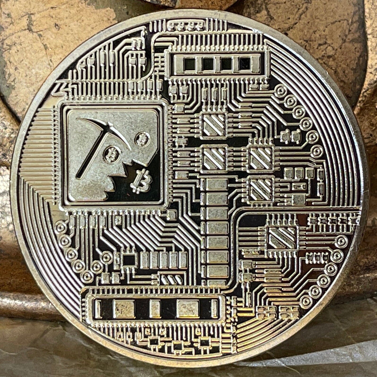 Bitcoin Logo Charm with Miner's Axe & Circuitboard 24-Karat Gold-plated Novelty Medallion (No Monetary Value) (Cryptocurrency) (BTC Mining)