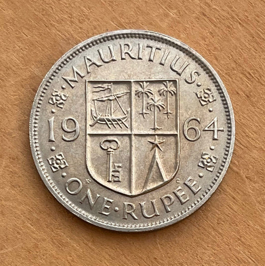 Galley, Palms, Key, Star 1 Rupee Mauritius Authentic Coin Money for Jewelry and Craft Making (Elizabeth II) (Tudor Crown) 1964