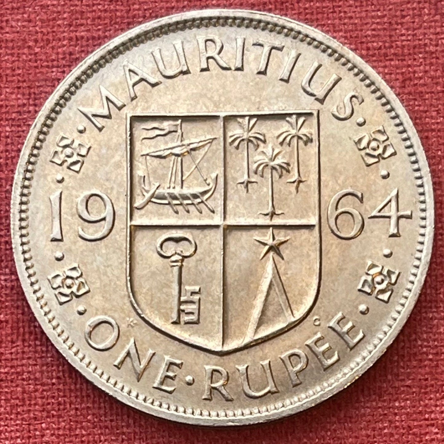 Galley, Palms, Key, Star 1 Rupee Mauritius Authentic Coin Money for Jewelry and Craft Making (Elizabeth II) (Tudor Crown) 1964
