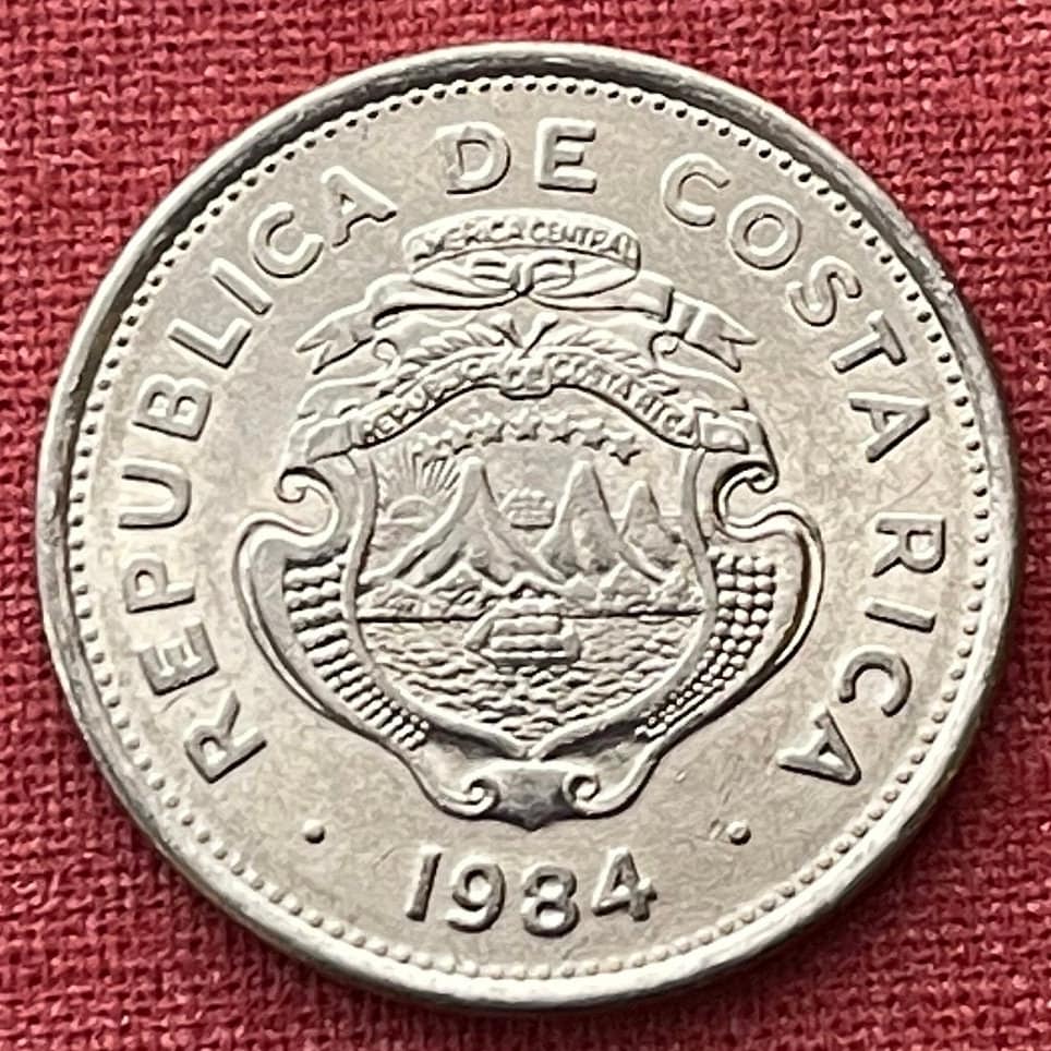Merchant Ships & Volcanoes 2 Colones Costa Rica Authentic Coin Money for Jewelry and Craft Making