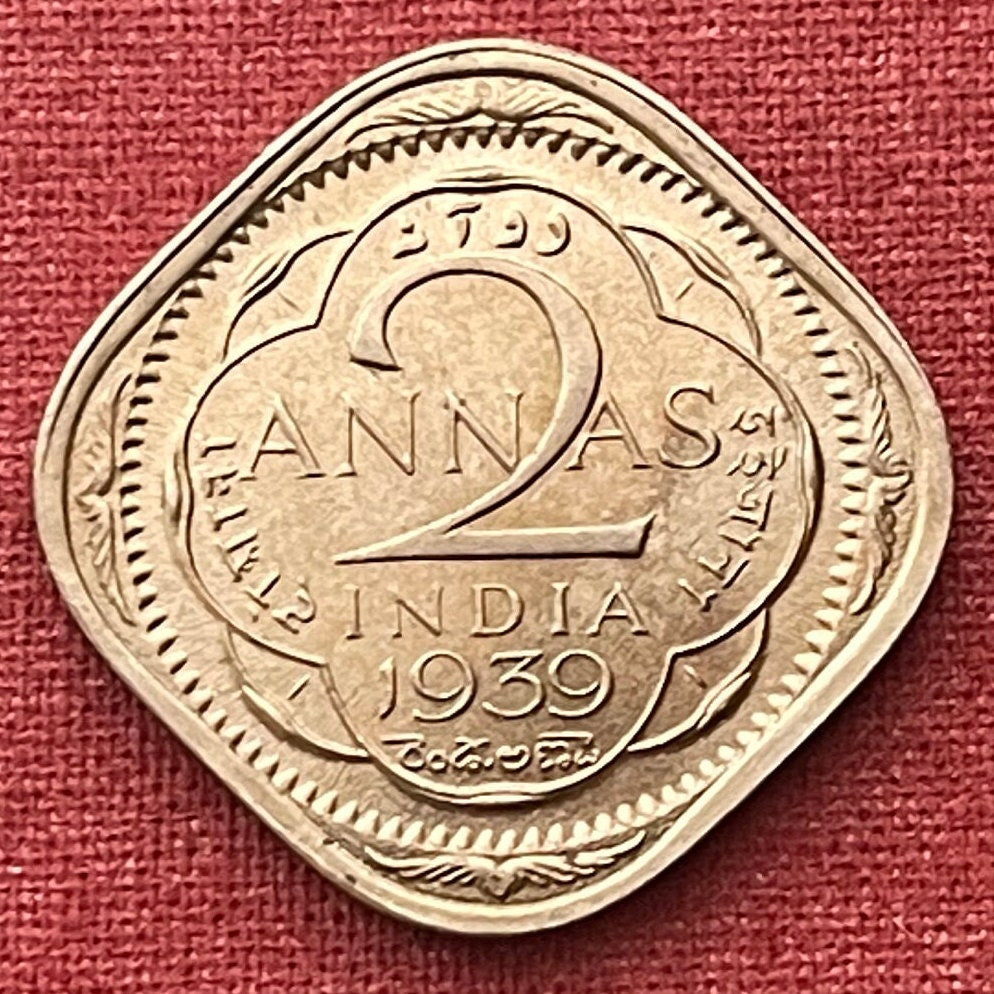 Two Annas & George VI King Emperor British India Authentic Coin Money for Jewelry (British Raj) (Emperor of India) (Quadrilingual) (Square)
