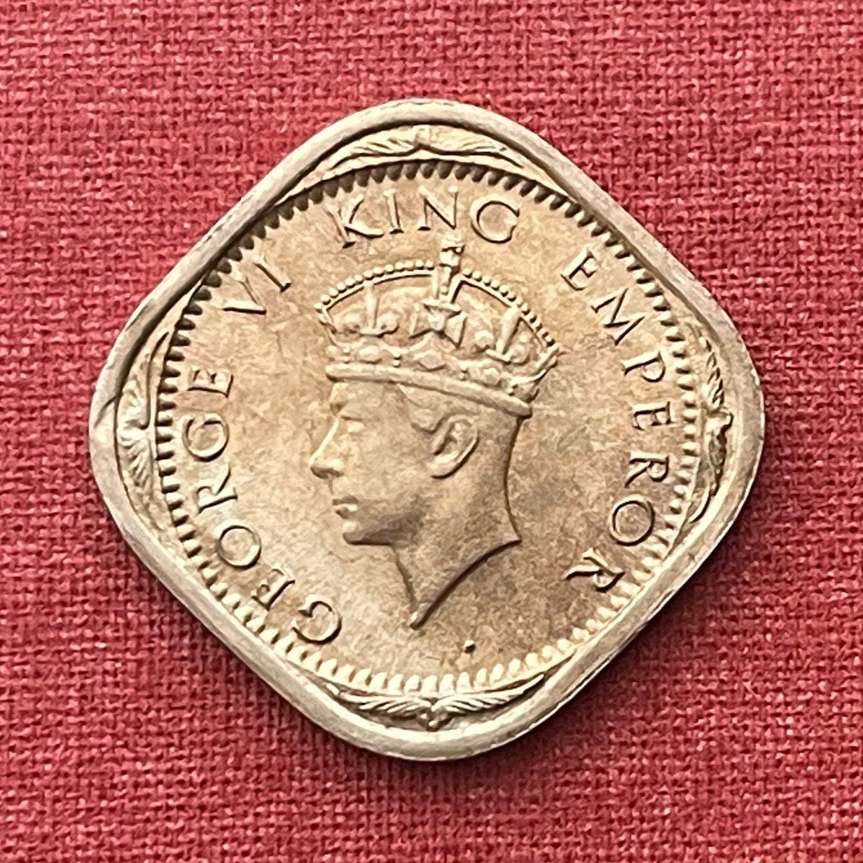 Two Annas & George VI King Emperor British India Authentic Coin Money for Jewelry (British Raj) (Emperor of India) (Quadrilingual) (Square)