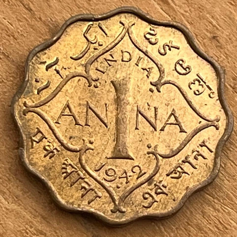 One Anna & George VI King Emperor 1 Anna British India Authentic Coin Money for Jewelry (British Raj) (Emperor) (Scalloped) (Quadrilingual)