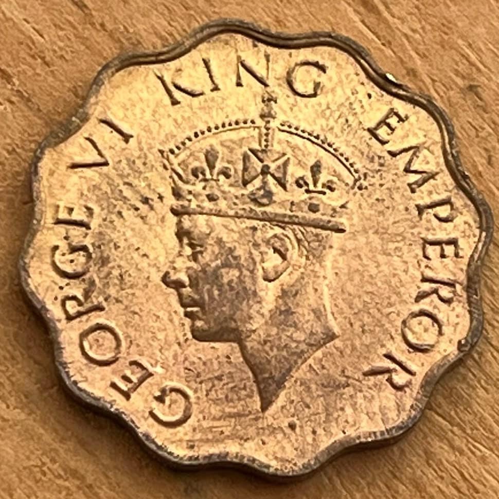 One Anna & George VI King Emperor 1 Anna British India Authentic Coin Money for Jewelry (British Raj) (Emperor) (Scalloped) (Quadrilingual)