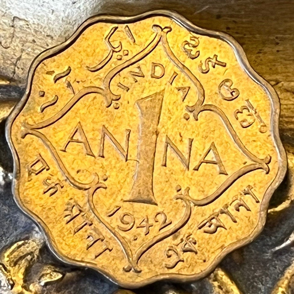 One Anna & George VI King Emperor 1 Anna British India Authentic Coin Money for Jewelry (British Raj) (Emperor) (Scalloped) (Quadrilingual)