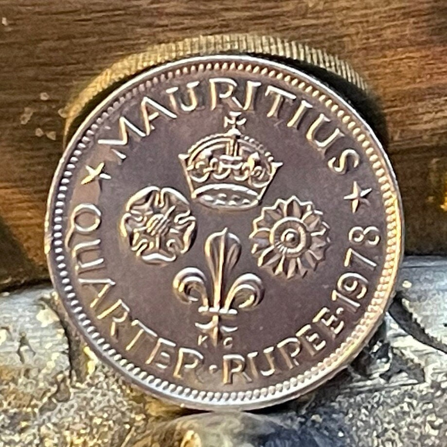 Rose, Lily, Lotus & Crown Quarter Rupee Mauritius Authentic Coin Money for Jewelry and Craft Making (Fleur-de-Lis) (Tudor Rose) (1964)