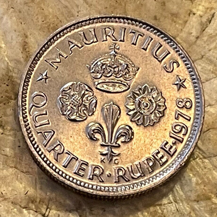 Rose, Lily, Lotus & Crown Quarter Rupee Mauritius Authentic Coin Money for Jewelry and Craft Making (Fleur-de-Lis) (Tudor Rose) (1964)