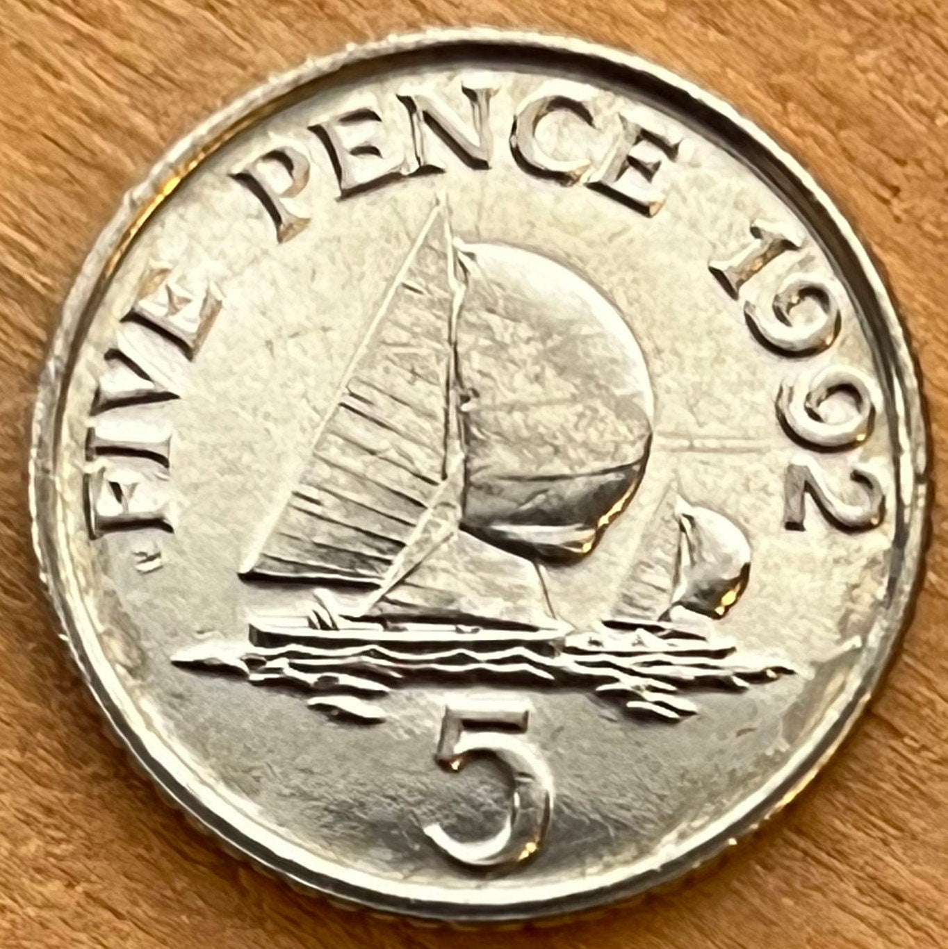 Yachts with Spinnaker Sails 5 Pence Bailiwick of Guernsey Authentic Coin Money for Jewelry and Craft Making (Sailboat) (Channel Islands)