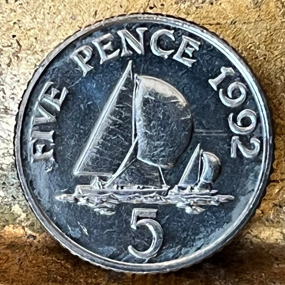 Yachts with Spinnaker Sails 5 Pence Bailiwick of Guernsey Authentic Coin Money for Jewelry and Craft Making (Sailboat) (Channel Islands)