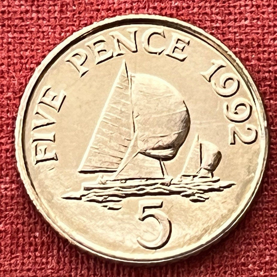 Yachts with Spinnaker Sails 5 Pence Bailiwick of Guernsey Authentic Coin Money for Jewelry and Craft Making (Sailboat) (Channel Islands)