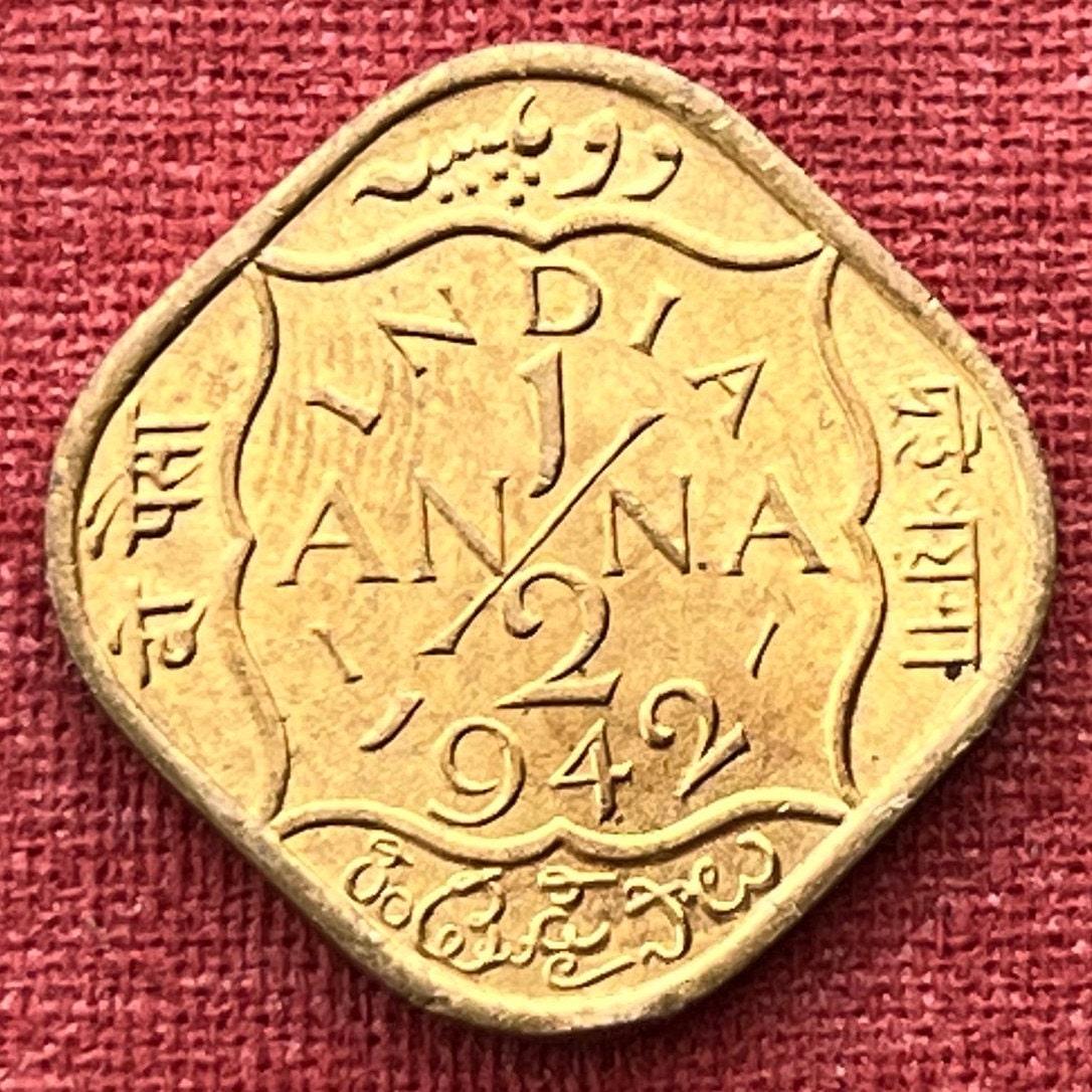 Half Anna & George VI King Emperor British India Authentic Coin Money for Jewelry (British Raj) (Emperor of India) (Quadrilingual) 1942