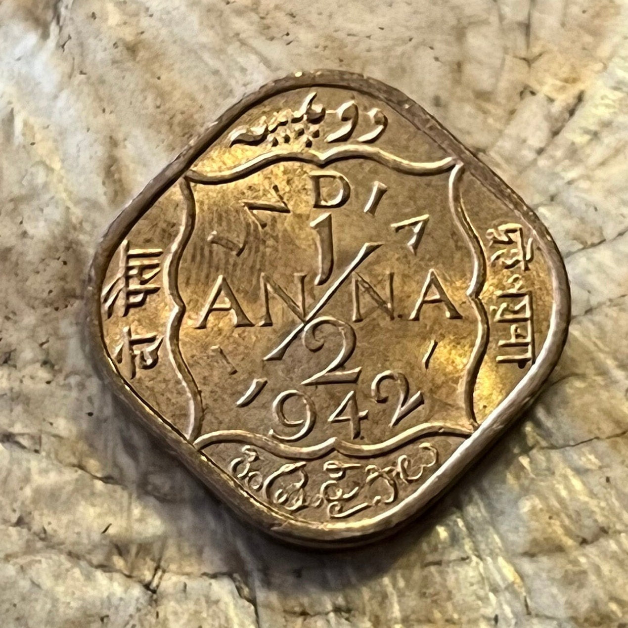 Half Anna & George VI King Emperor British India Authentic Coin Money for Jewelry (British Raj) (Emperor of India) (Quadrilingual) 1942