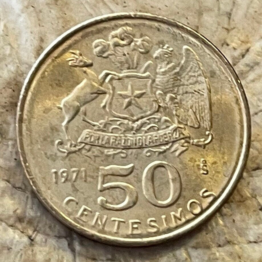 Hussar of Death Manuel Javier Rodríguez & Condor and Deer 50 Centésimos Chile Authentic Coin Money for Jewelry (By Right or Might) (1971)