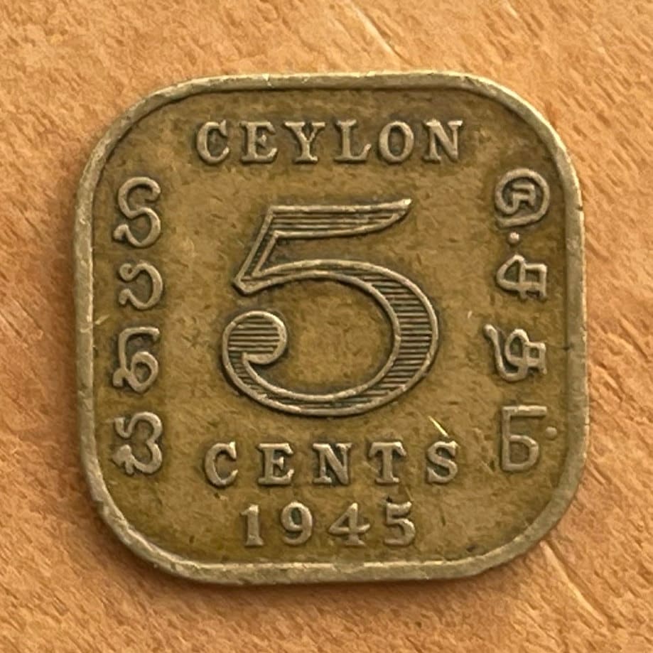 King George VI Emperor of India 5 Cents Ceylon Authentic Coin Money for Jewelry and Craft Making (Sri Lanka) (Square Coin)
