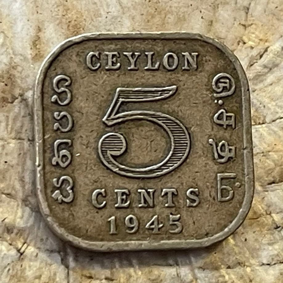 King George VI Emperor of India 5 Cents Ceylon Authentic Coin Money for Jewelry and Craft Making (Sri Lanka) (Square Coin)