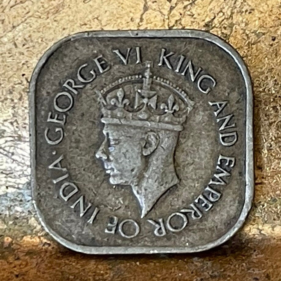 King George VI Emperor of India 5 Cents Ceylon Authentic Coin Money for Jewelry and Craft Making (Sri Lanka) (Square Coin)