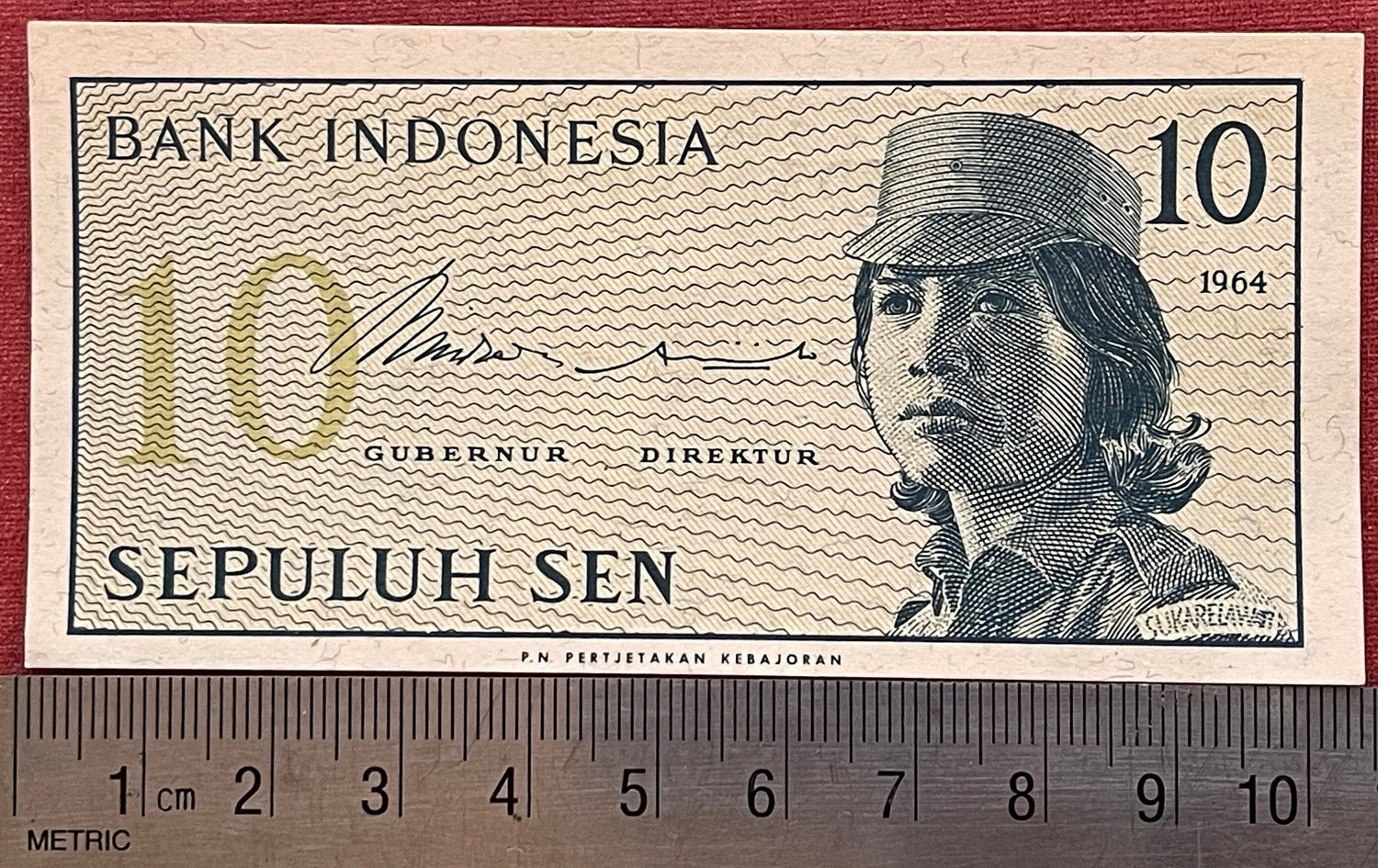 Year of Living Dangerously Gerwani Militia Woman in Mao Cap 10 Sen Indonesia Authentic Banknote (Sukarno) 1964 (Vivere Pericoloso) Feminist